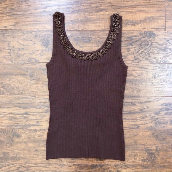 Cache • brown beaded sweater tank knit ribbed embellished lace crochet scoop - Picture 6 of 6